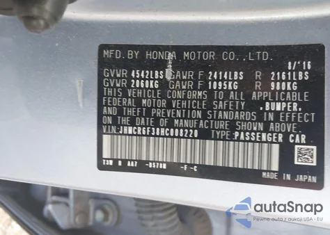 2017 Honda Accord Hybrid z USA, uszkodzony, nr VIN JHMCR6F38HC008220